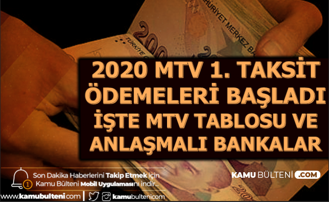 2020 MTV 1. Taksit Ödemesi Başladı-Motorlu Taşıtlar Vergisi Tablosu ve Bankalar