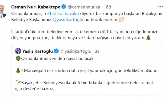 AK Parti İstanbul İl Başkanı Kabaktepe’den orman yangınlarına karşı anlamlı çağrı