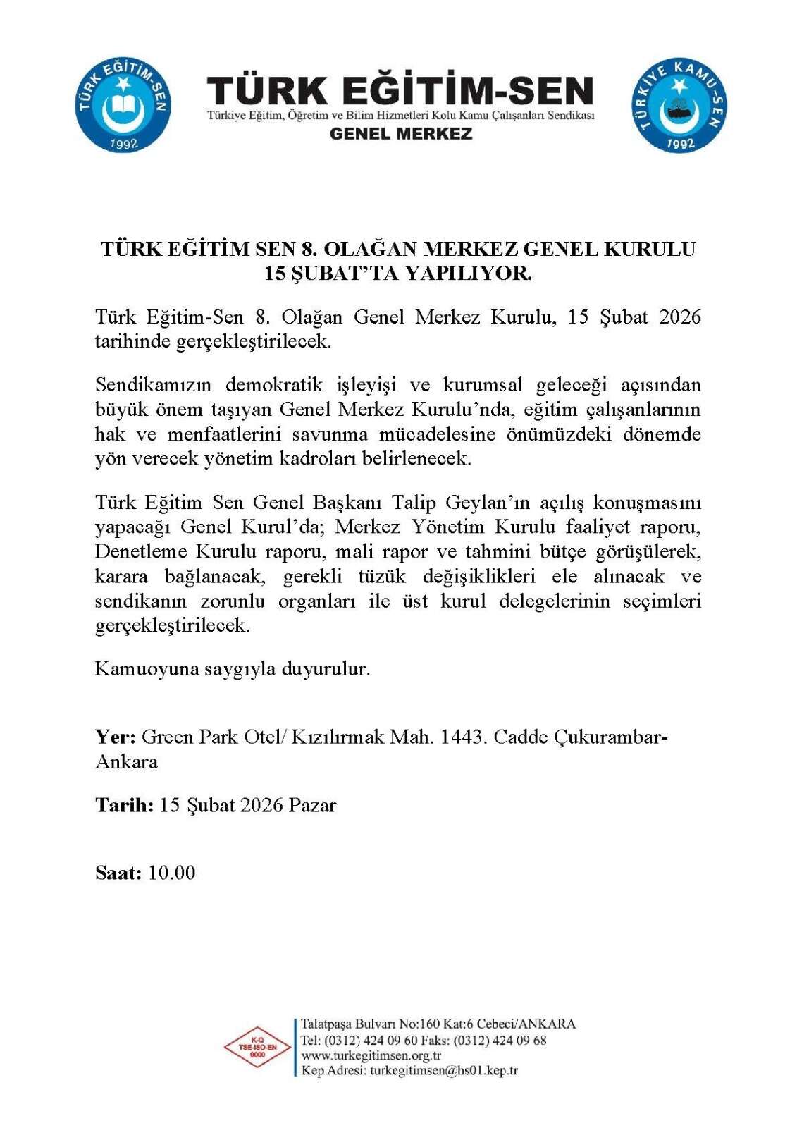 Türk Eğitim-Sen 8. Olağan Genel Kurulu Toplanıyor!