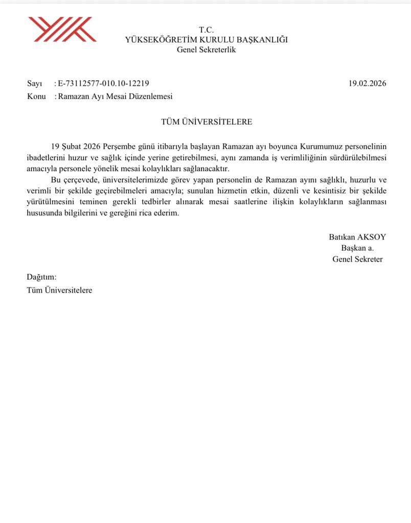 Ramazan Ayında Üniversitelerde Mesai Erken Bitecek, YÖK Resmi Yazı Yayımladı