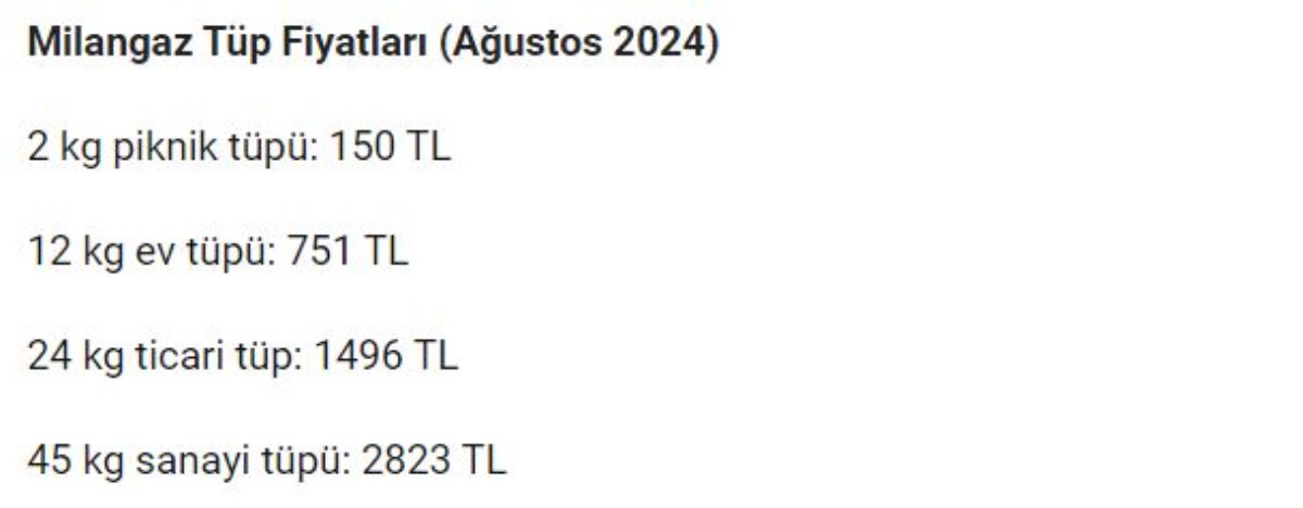 GÜNCEL TÜP FİYATLARI AĞUSTOS 2024